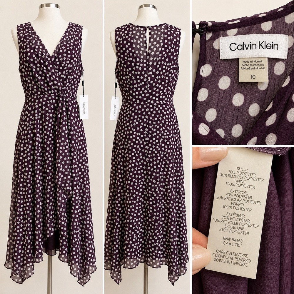 Calvin Klein Polka Dot Dress Womens 10 Purple Classic Retro Chiffon Faux Wrap